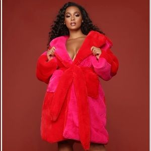 Fashion Nova X CARDI B Collection - Red and Pink Faux Fur Colorblock Jacket